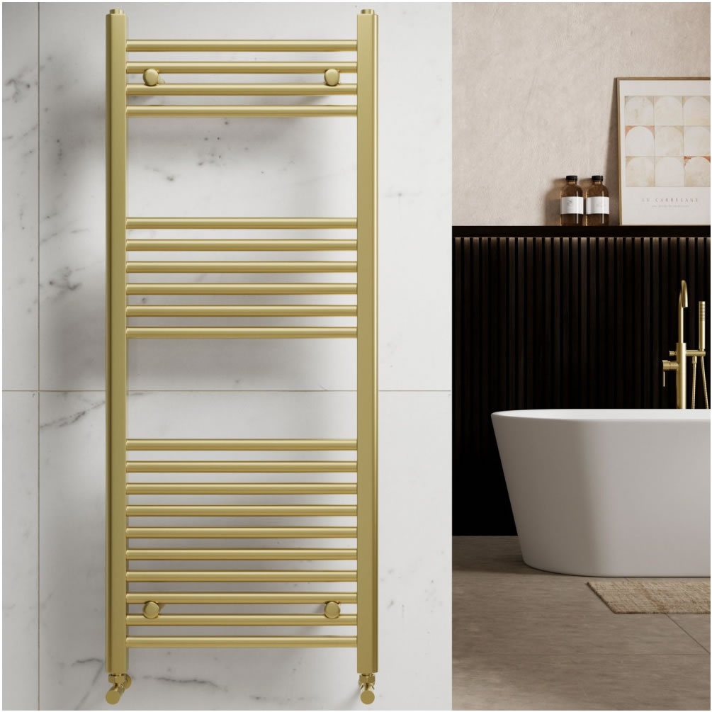 Lifestyle image of Redroom by Barwick Elite Brushed Brass 1200 x 500mm Towel Radiator